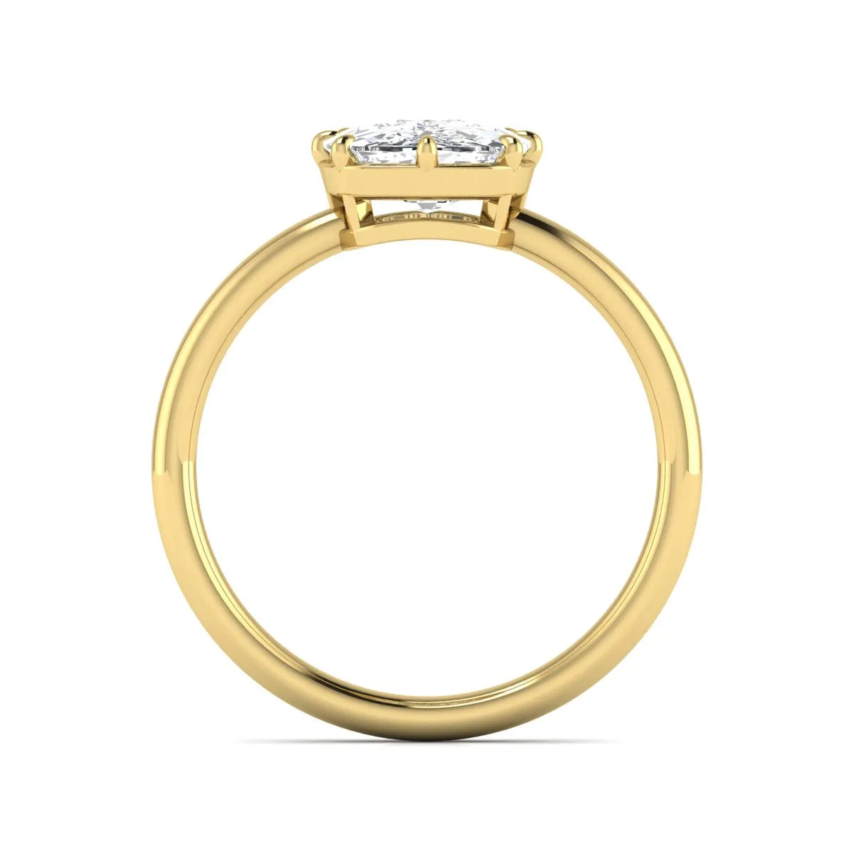 Cushion cut lab grown diamond solitaire engagement ring featuring an eight-prong setting with a polished yellow gold band.