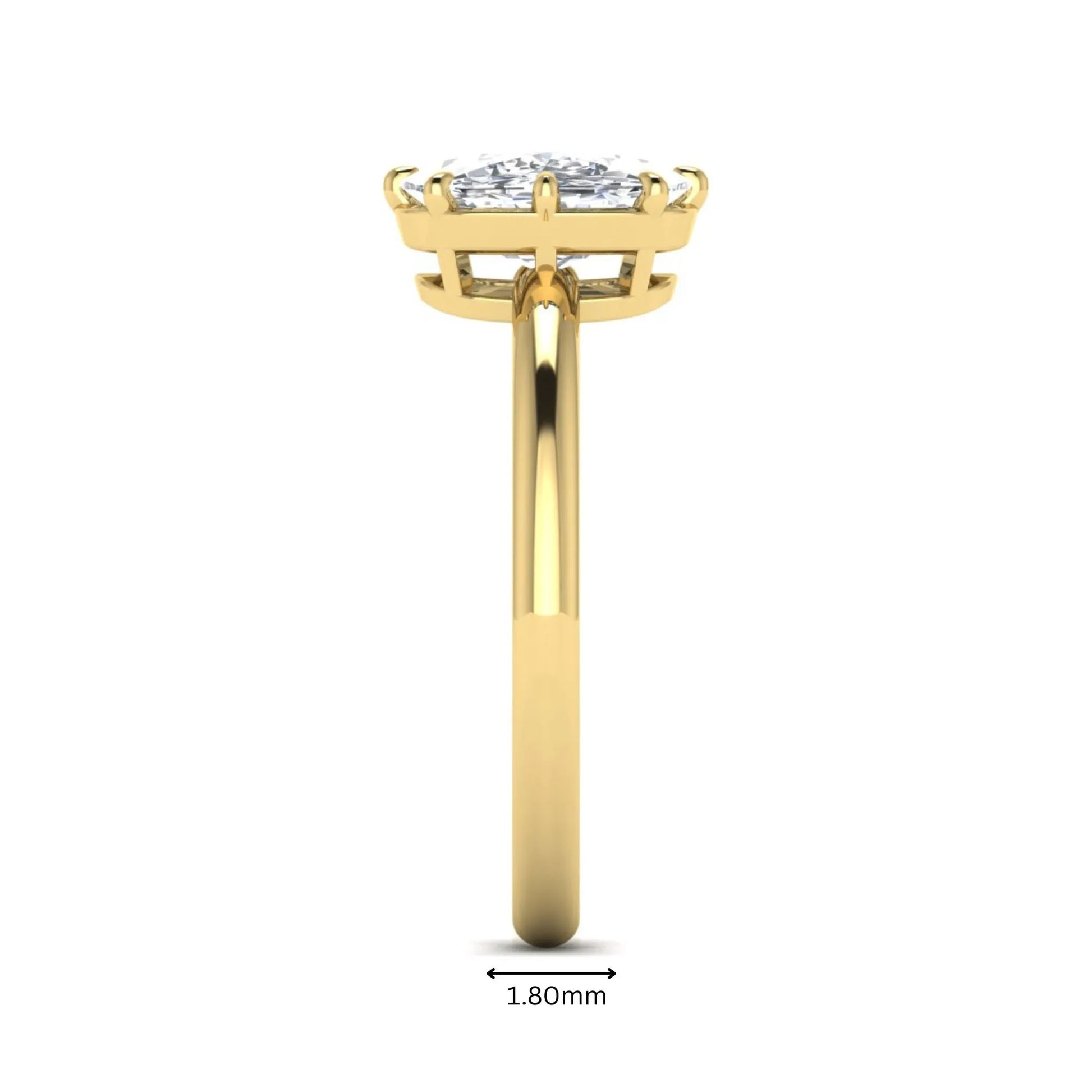 Cushion cut lab grown diamond solitaire engagement ring featuring an eight-prong setting with a polished yellow gold band.