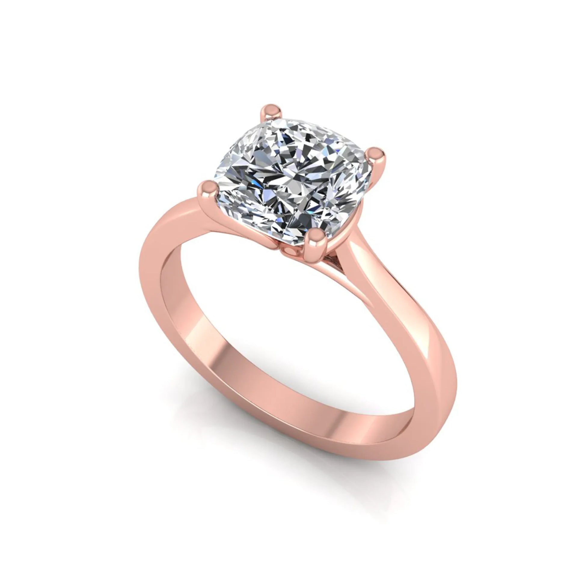 Cushion cut lab grown diamond solitaire engagement ring featuring an IGI certified center diamond in a classic four-prong setting with a polished band in rose gold