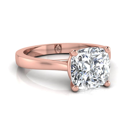 Cushion cut lab grown diamond solitaire engagement ring featuring an IGI certified center diamond in a classic four-prong setting with a polished band in rose gold