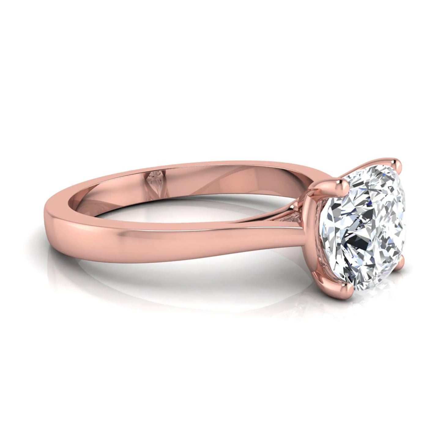 Cushion cut lab grown diamond solitaire engagement ring featuring an IGI certified center diamond in a classic four-prong setting with a polished band in rose gold