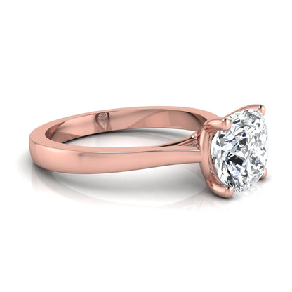 Cushion cut lab grown diamond solitaire engagement ring featuring an IGI certified center diamond in a classic four-prong setting with a polished band in rose gold