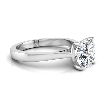 Cushion cut lab grown diamond solitaire engagement ring featuring an IGI certified center diamond in a classic four-prong setting with a polished band in white gold