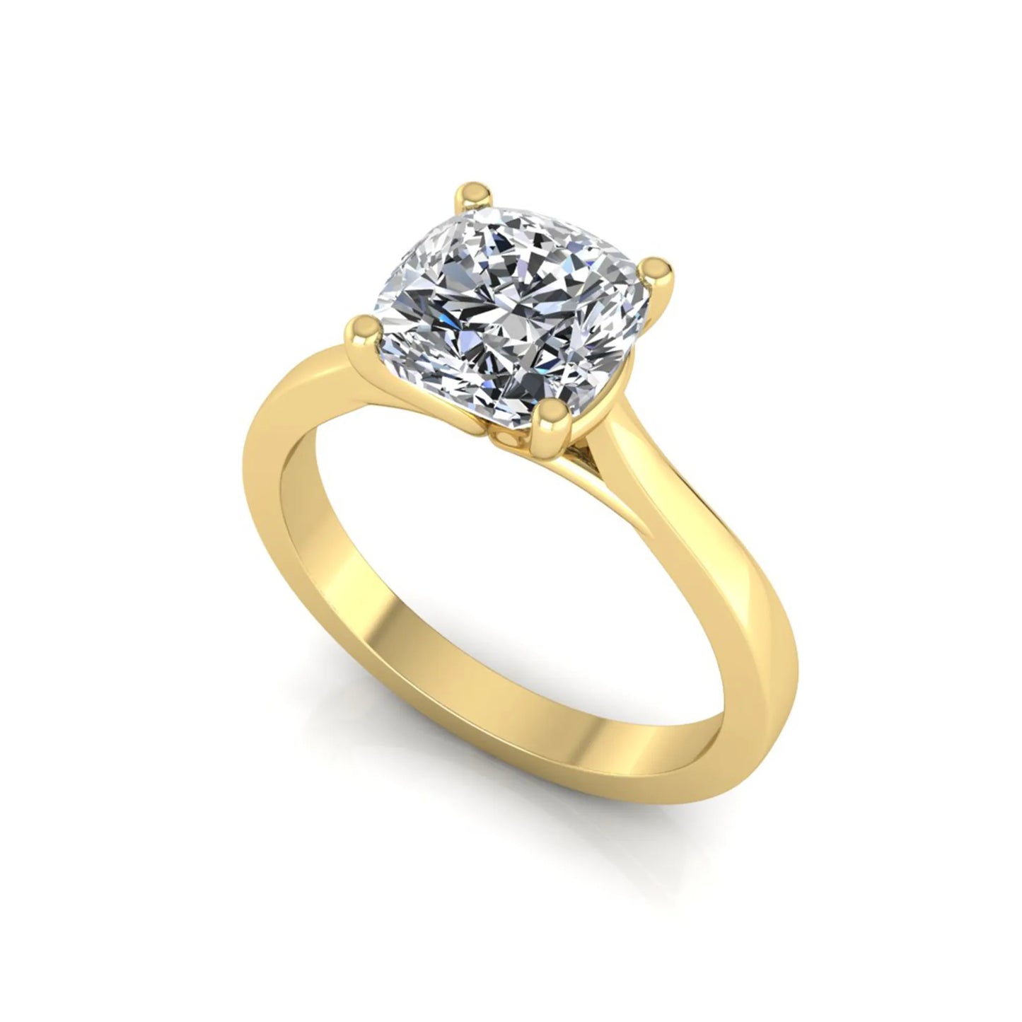 Cushion cut lab grown diamond solitaire engagement ring featuring an IGI certified center diamond in a classic four-prong setting with a polished band in yellow gold