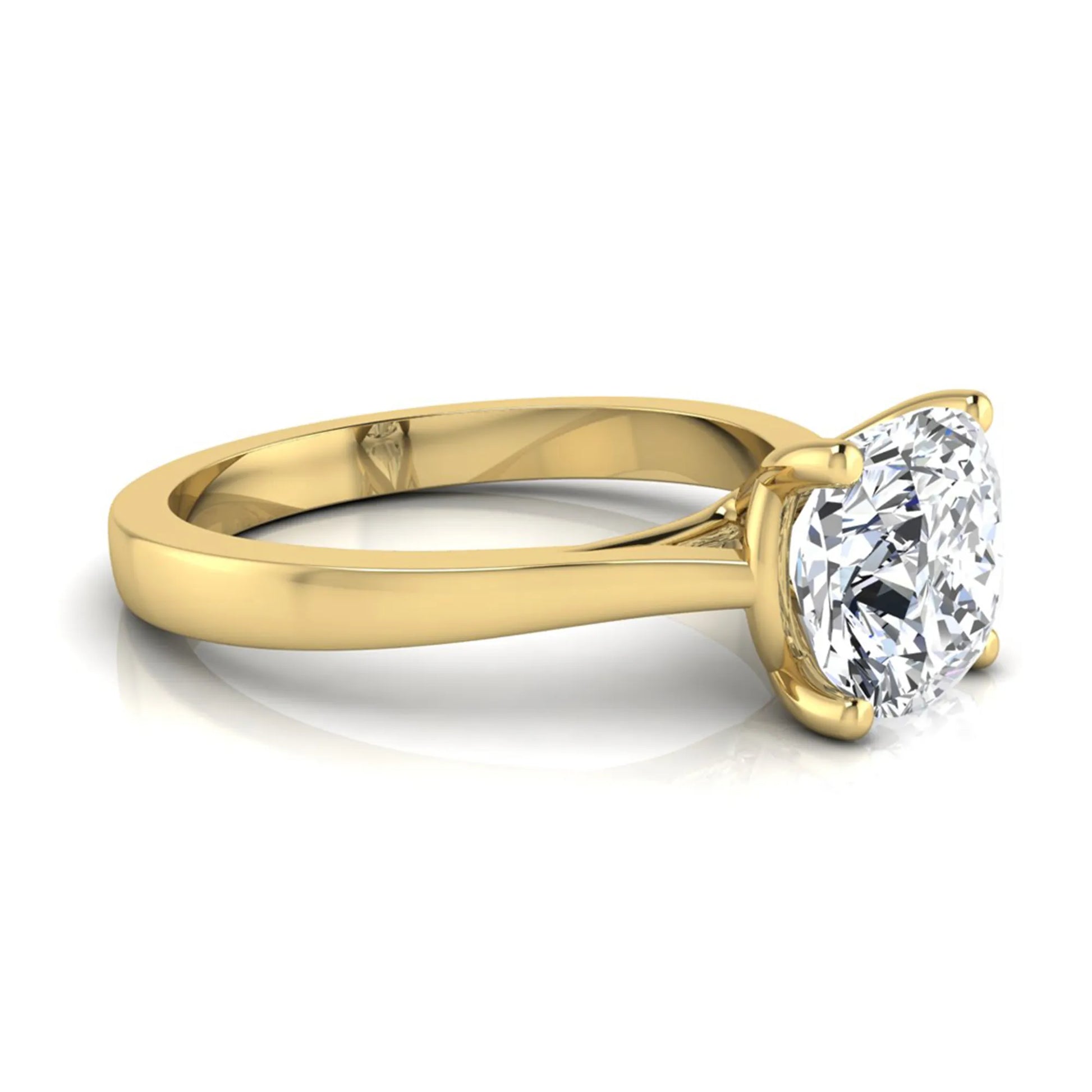 Cushion cut lab grown diamond solitaire engagement ring featuring an IGI certified center diamond in a classic four-prong setting with a polished band in yellow gold