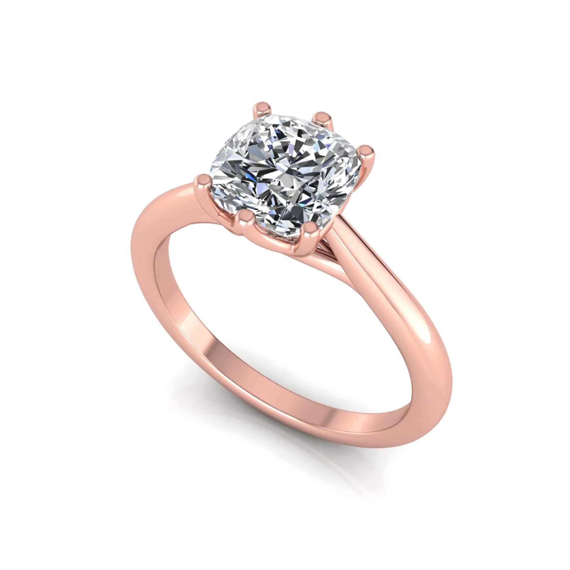 Cushion cut lab grown diamond solitaire engagement ring with a six prong setting in a rose gold tone, featuring an IGI certified 1.67 carat center diamond.