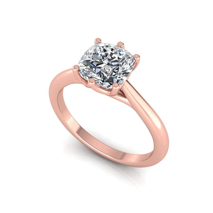 Cushion cut lab grown diamond solitaire engagement ring with a six prong setting in a rose gold tone, featuring an IGI certified 1.67 carat center diamond.