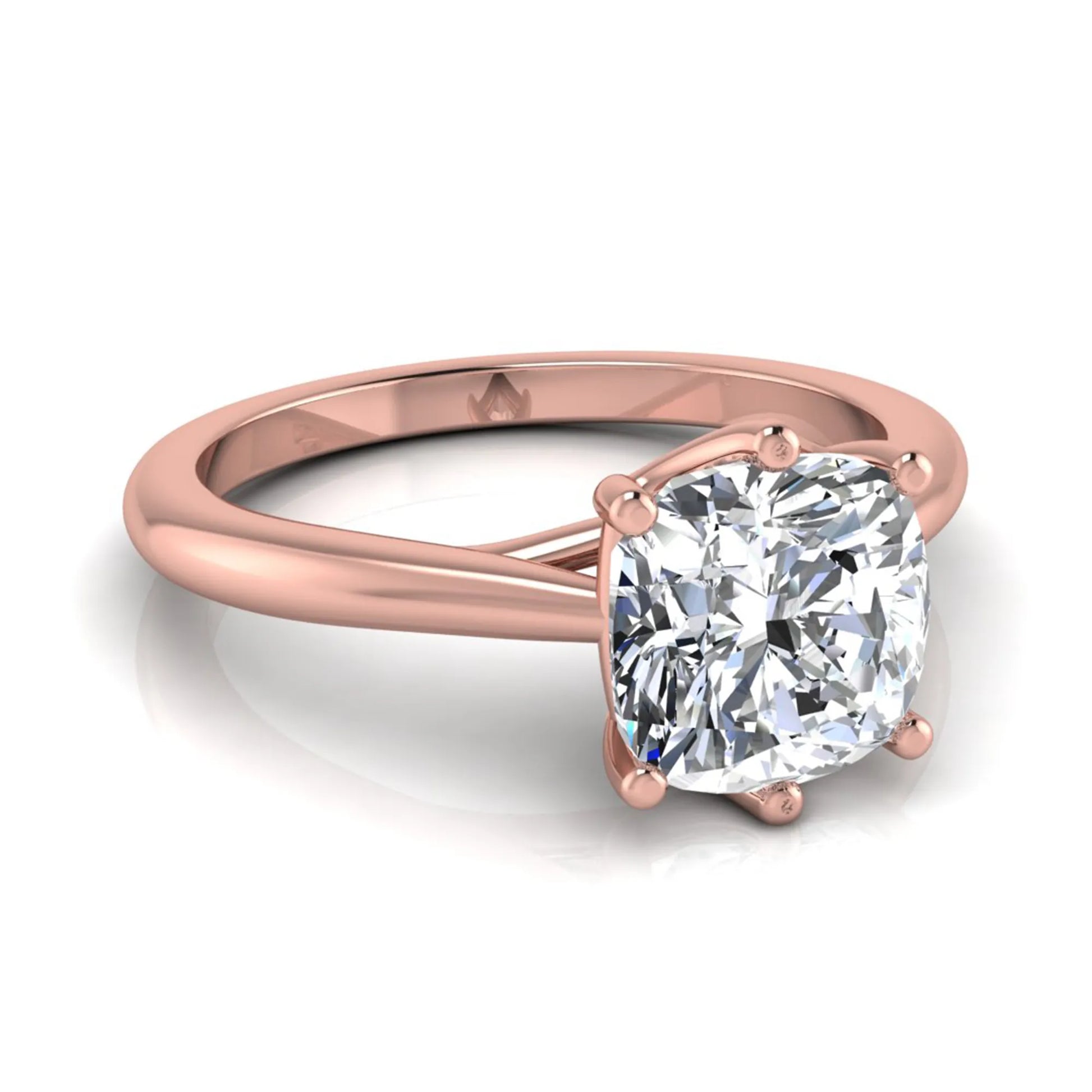 Cushion cut lab grown diamond solitaire engagement ring with a six prong setting in a rose gold tone, featuring an IGI certified 1.67 carat center diamond.