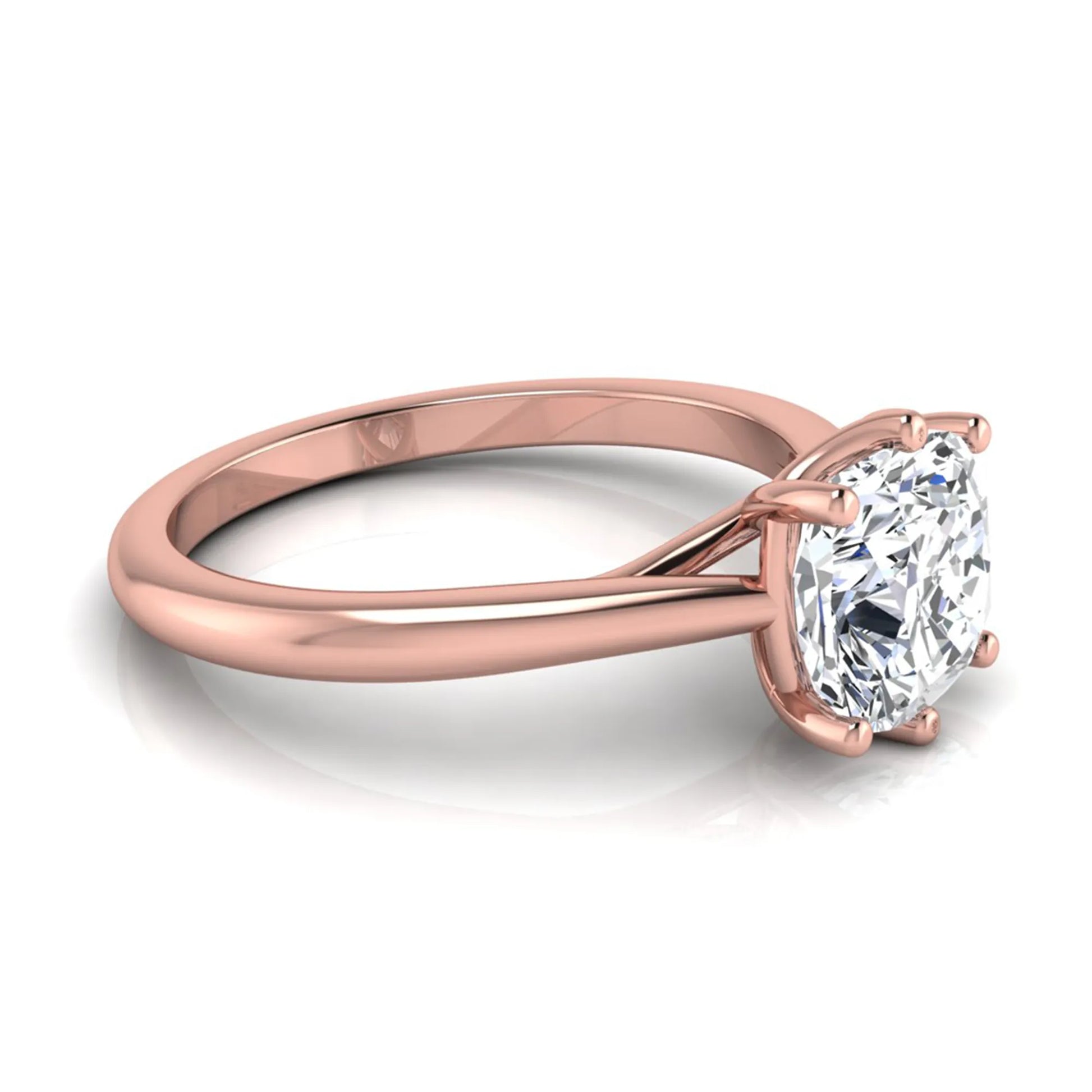 Cushion cut lab grown diamond solitaire engagement ring with a six prong setting in a rose gold tone, featuring an IGI certified 1.67 carat center diamond.