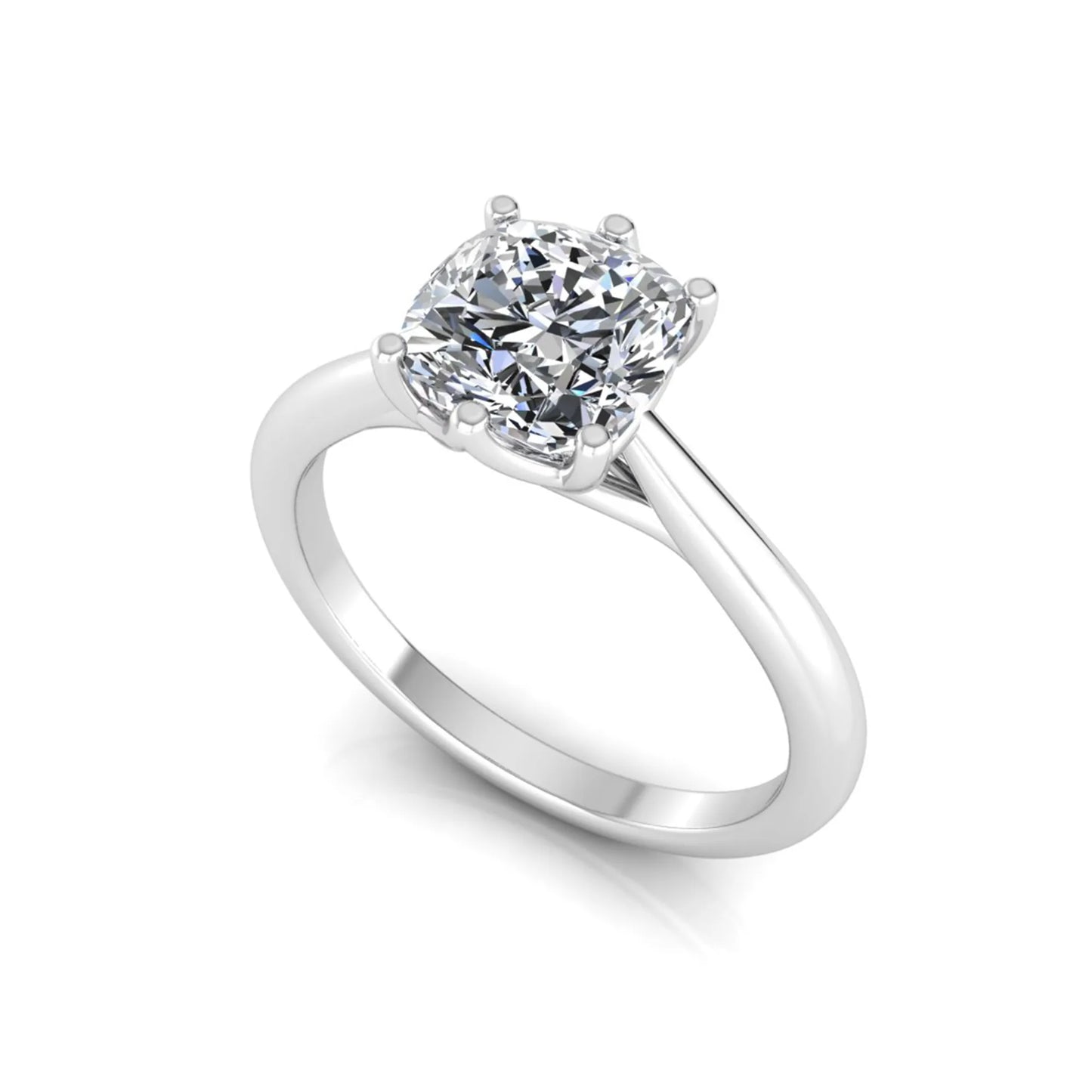 Cushion cut lab grown diamond solitaire engagement ring with a six prong setting in a white gold tone, featuring an IGI certified 1.67 carat center diamond.
