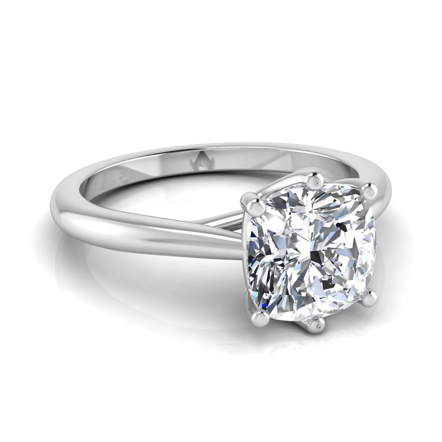 Cushion cut lab grown diamond solitaire engagement ring with a six prong setting in a white gold tone, featuring an IGI certified 1.67 carat center diamond.