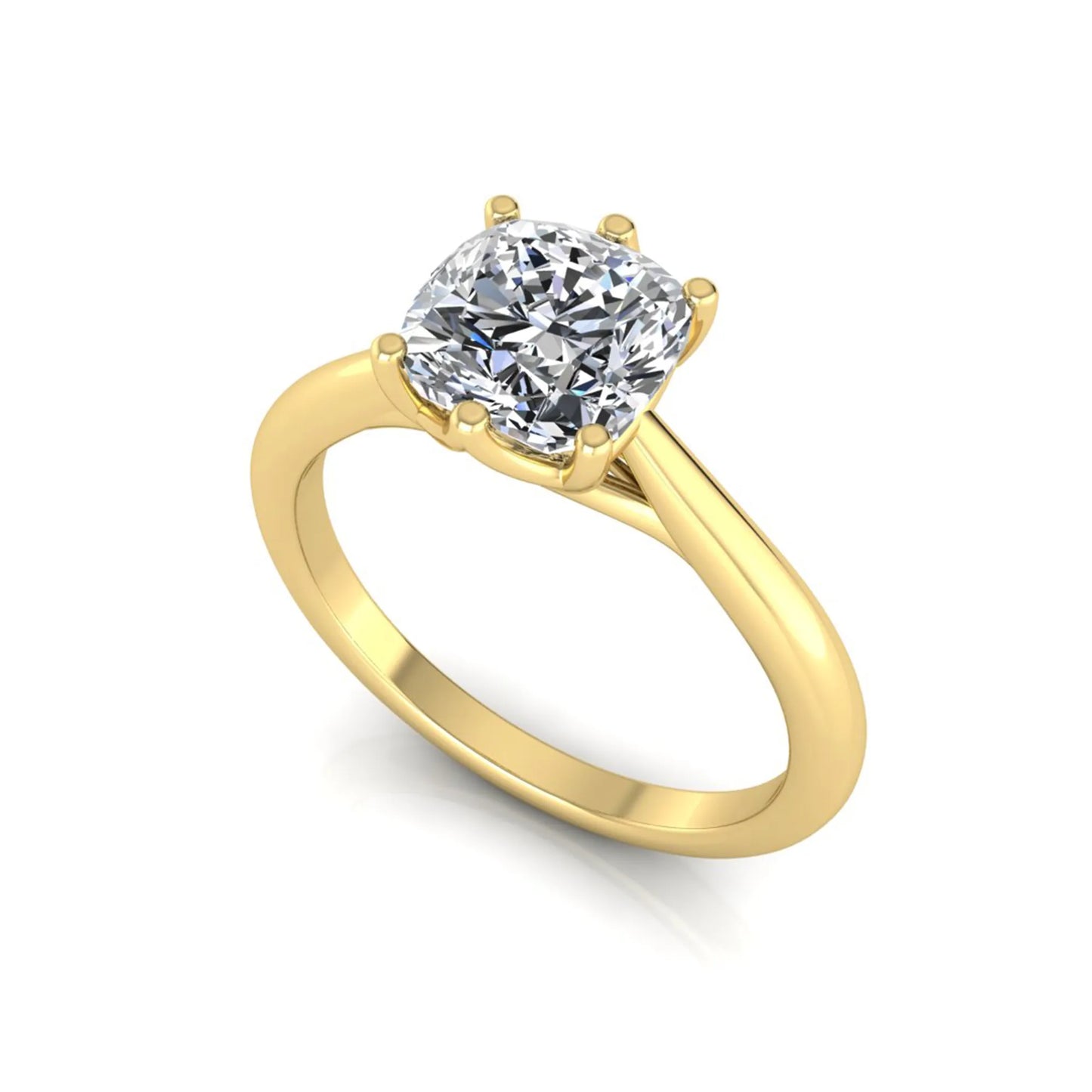 Cushion cut lab grown diamond solitaire engagement ring with a six prong setting in a yellow gold tone, featuring an IGI certified 1.67 carat center diamond.