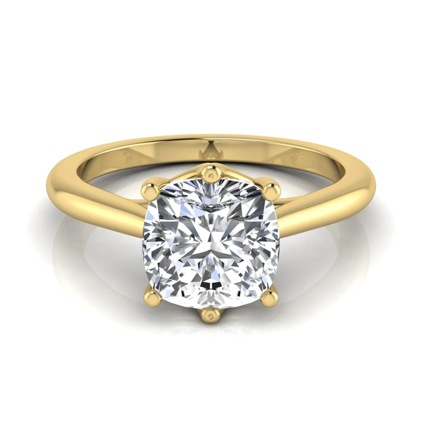 Cushion cut lab grown diamond solitaire engagement ring with a six prong setting in a yellow gold tone, featuring an IGI certified 1.67 carat center diamond.