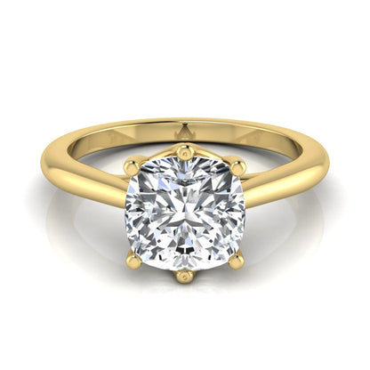 Cushion cut lab grown diamond solitaire engagement ring with a six prong setting in a yellow gold tone, featuring an IGI certified 1.67 carat center diamond.