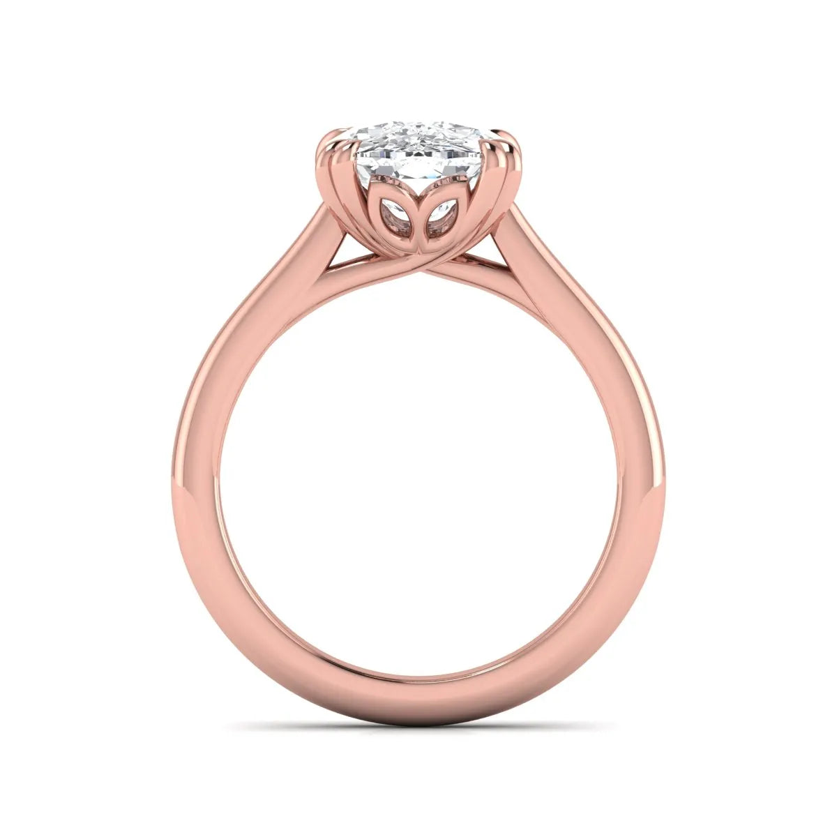 Cushion cut lab grown diamond solitaire engagement ring featuring a six-prong center diamond on a polished rose gold band.