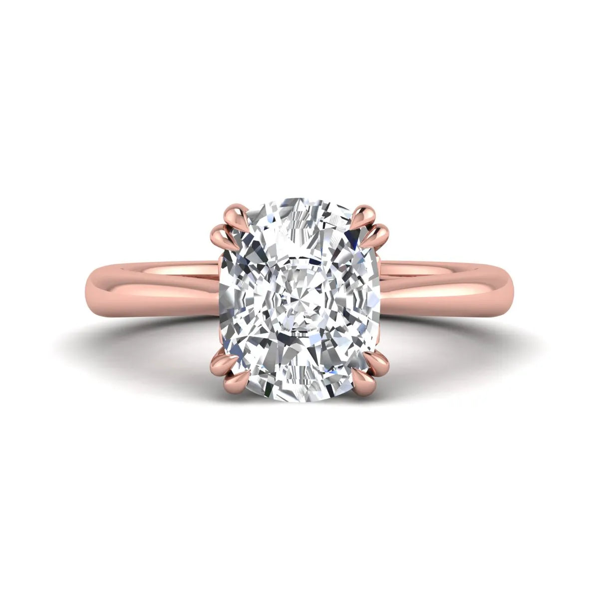 Cushion cut lab grown diamond solitaire engagement ring featuring a six-prong center diamond on a polished rose gold band.