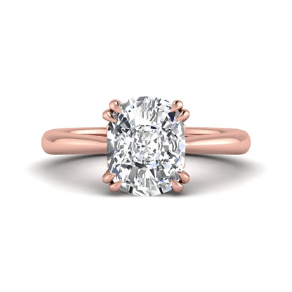 Cushion cut lab grown diamond solitaire engagement ring featuring a six-prong center diamond on a polished rose gold band.
