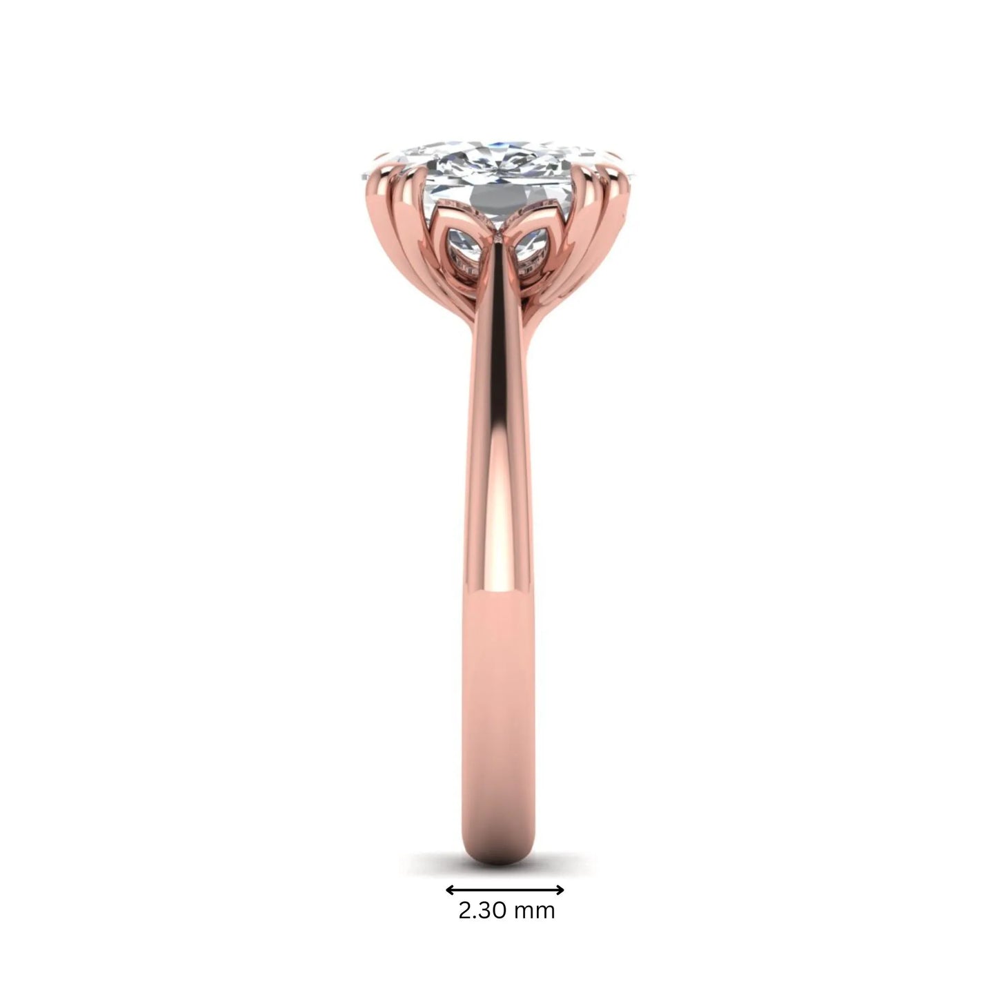 Cushion cut lab grown diamond solitaire engagement ring featuring a six-prong center diamond on a polished rose gold band.