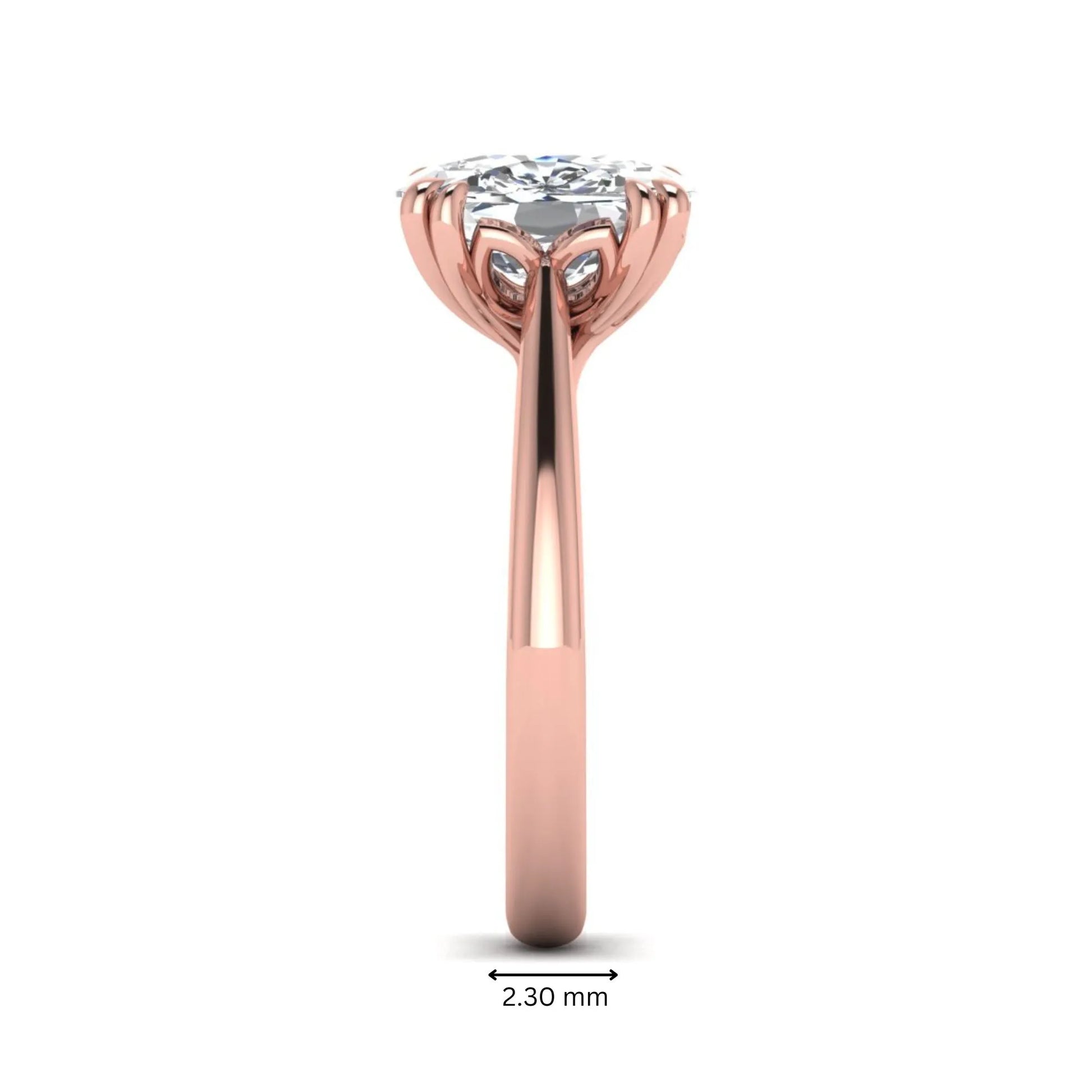 Cushion cut lab grown diamond solitaire engagement ring featuring a six-prong center diamond on a polished rose gold band.