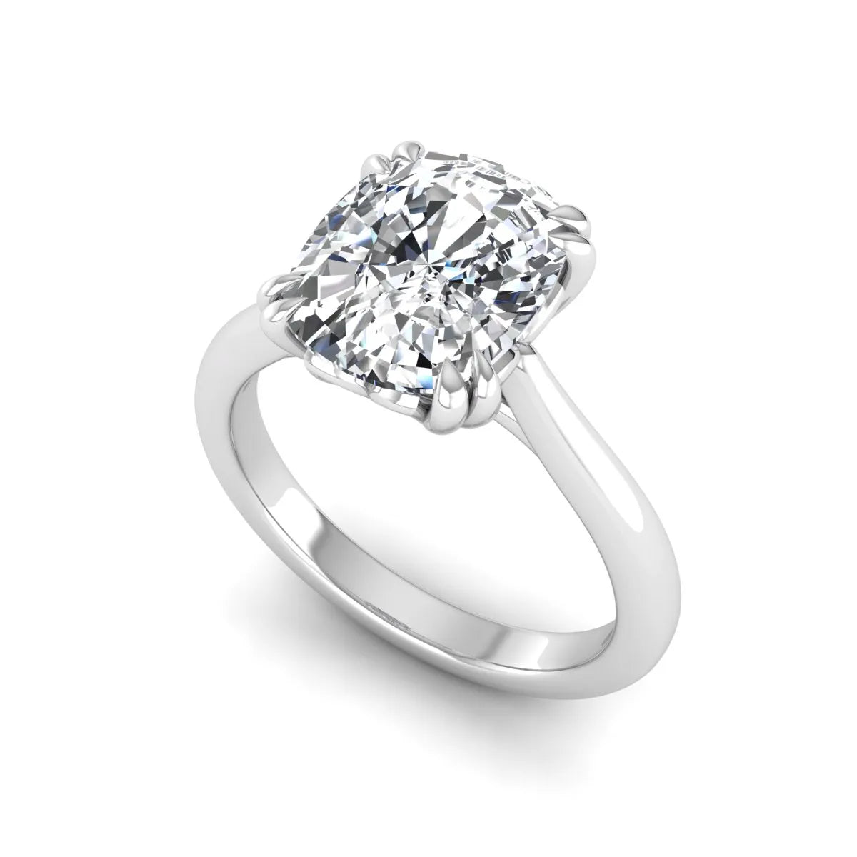 Cushion cut lab grown diamond solitaire engagement ring featuring a six-prong center diamond on a polished white gold band.