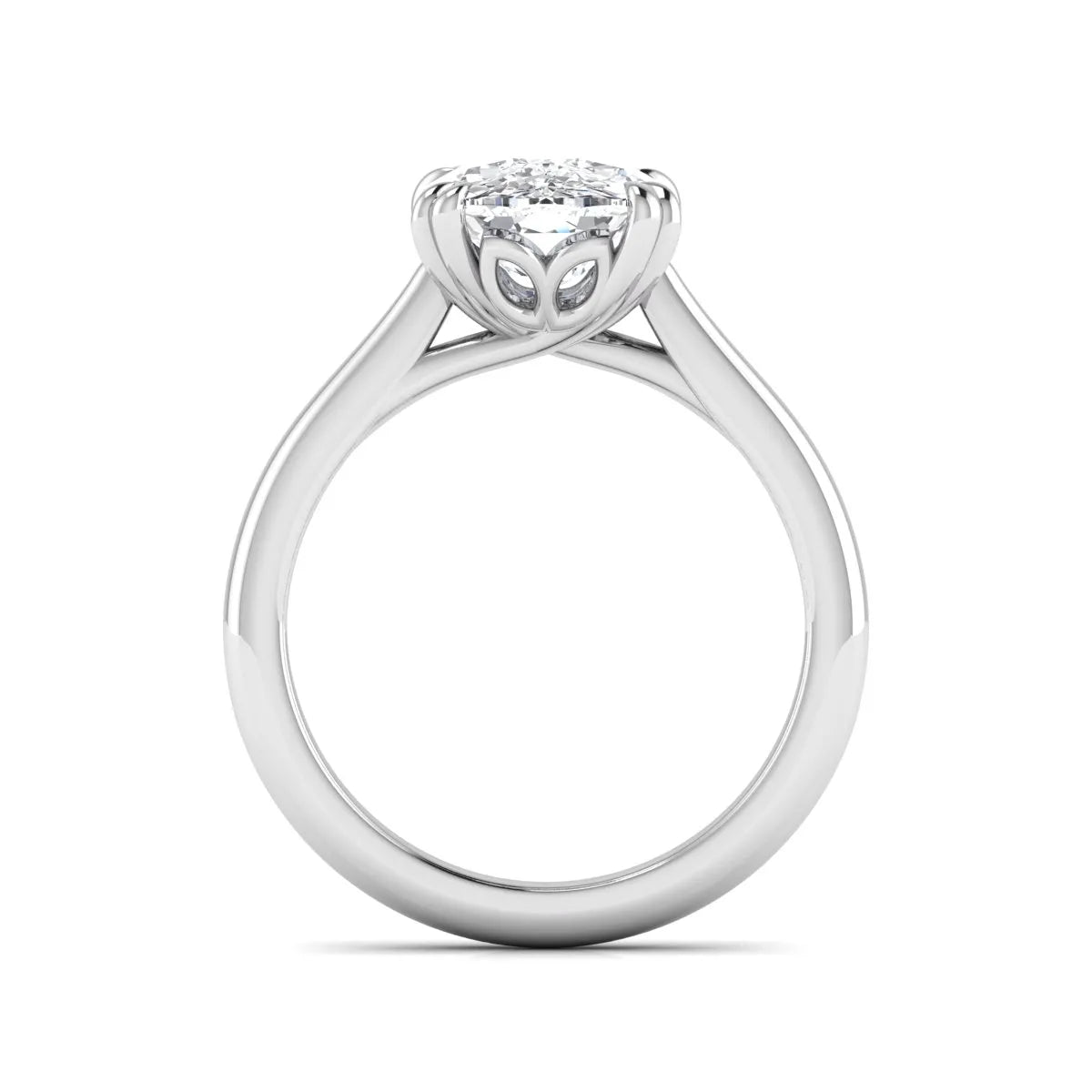 Cushion cut lab grown diamond solitaire engagement ring featuring a six-prong center diamond on a polished white gold band.