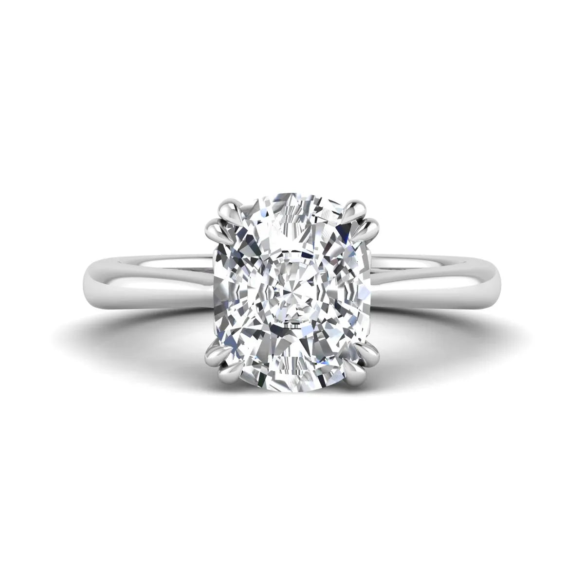 Cushion cut lab grown diamond solitaire engagement ring featuring a six-prong center diamond on a polished white gold band.