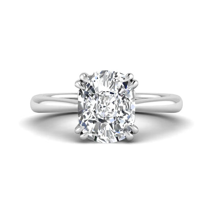Cushion cut lab grown diamond solitaire engagement ring featuring a six-prong center diamond on a polished white gold band.
