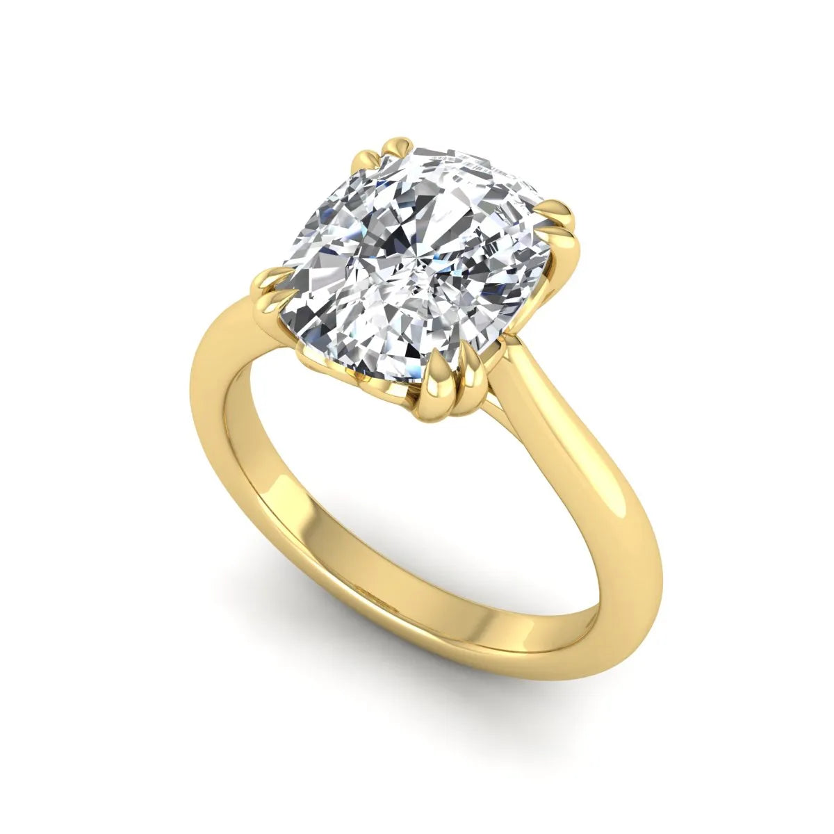 Cushion cut lab grown diamond solitaire engagement ring featuring a six-prong center diamond on a polished yellow gold band.