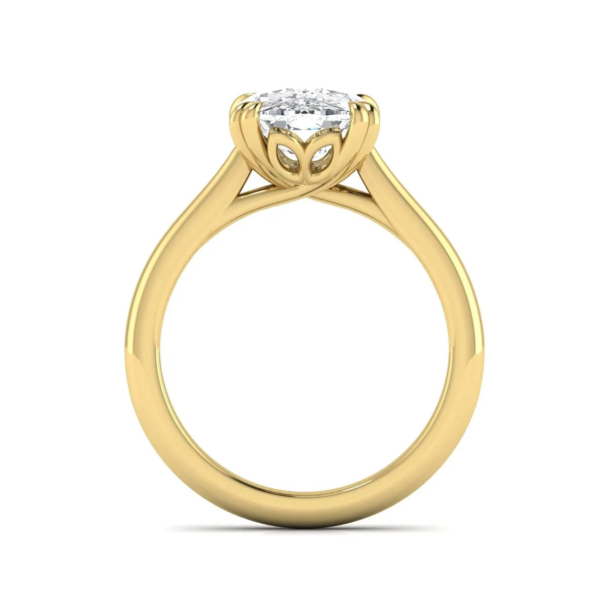 Cushion cut lab grown diamond solitaire engagement ring featuring a six-prong center diamond on a polished yellow gold band.