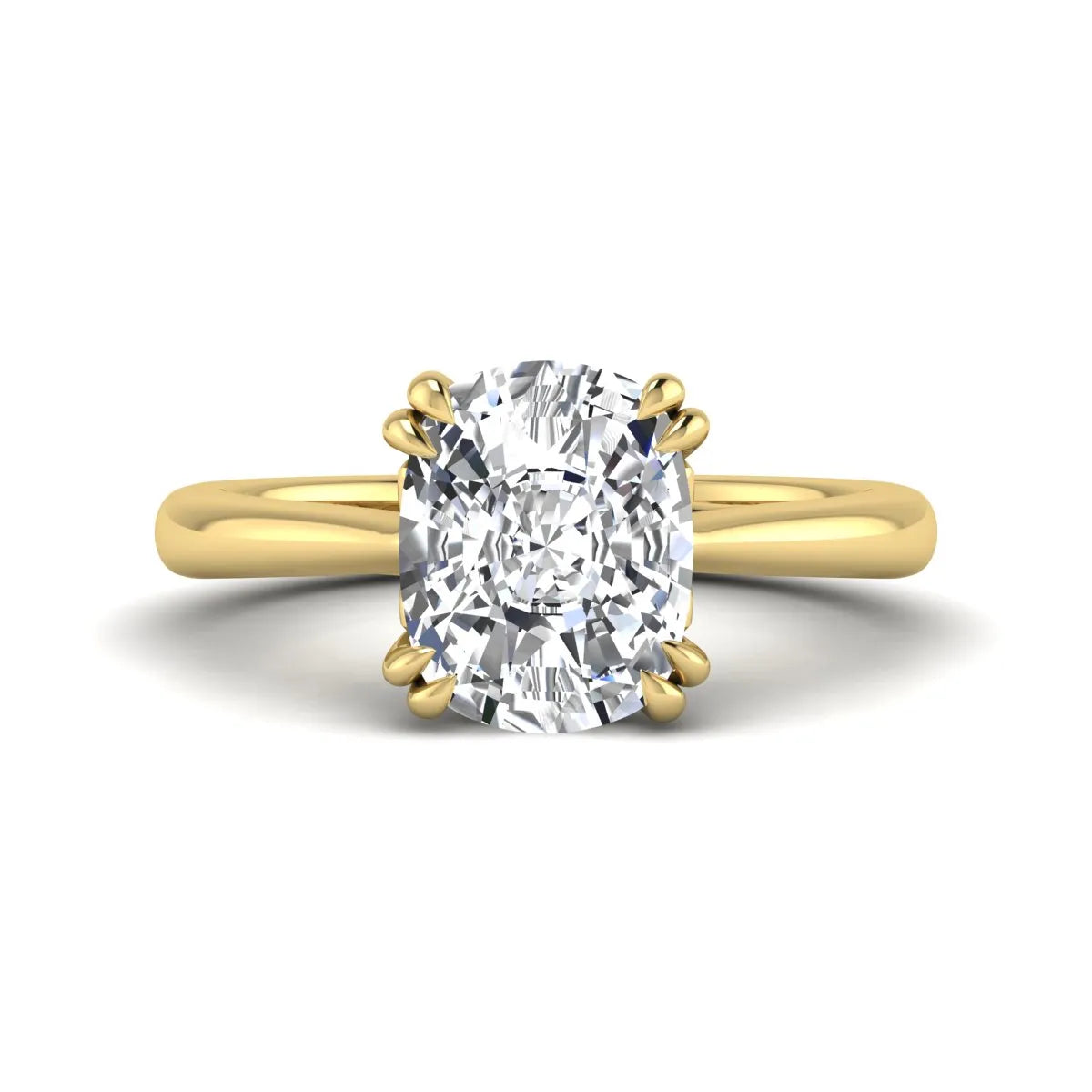Cushion cut lab grown diamond solitaire engagement ring featuring a six-prong center diamond on a polished yellow gold band.