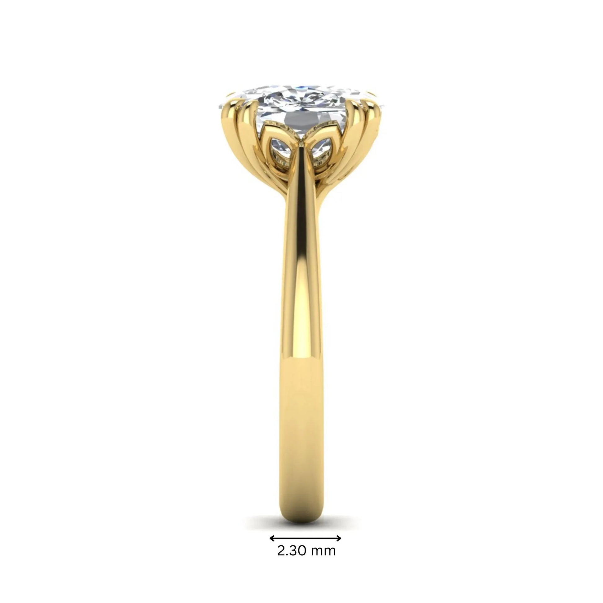 Cushion cut lab grown diamond solitaire engagement ring featuring a six-prong center diamond on a polished yellow gold band.