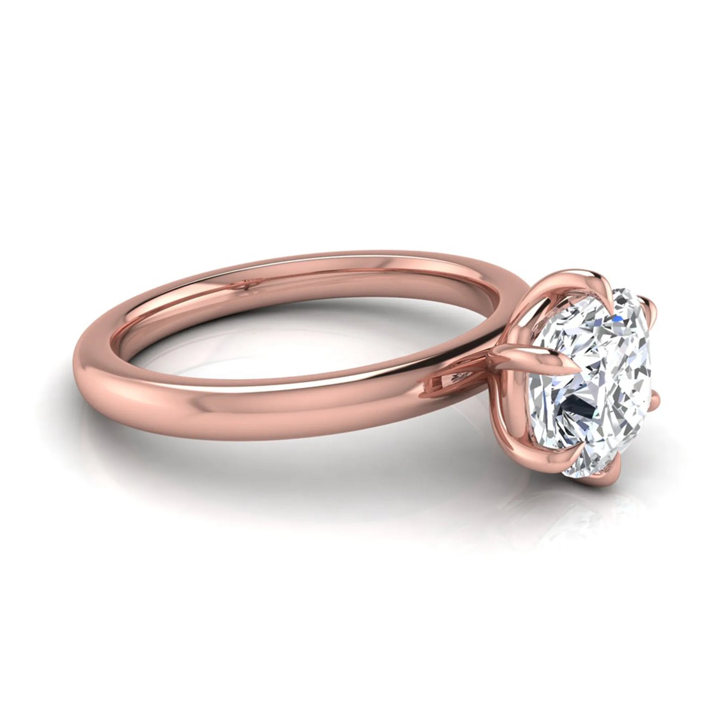 Cushion cut lab grown diamond engagement ring featuring a 1.28 carat IGI certified center diamond in a classic four-prong solitaire setting with a polished rose gold band.