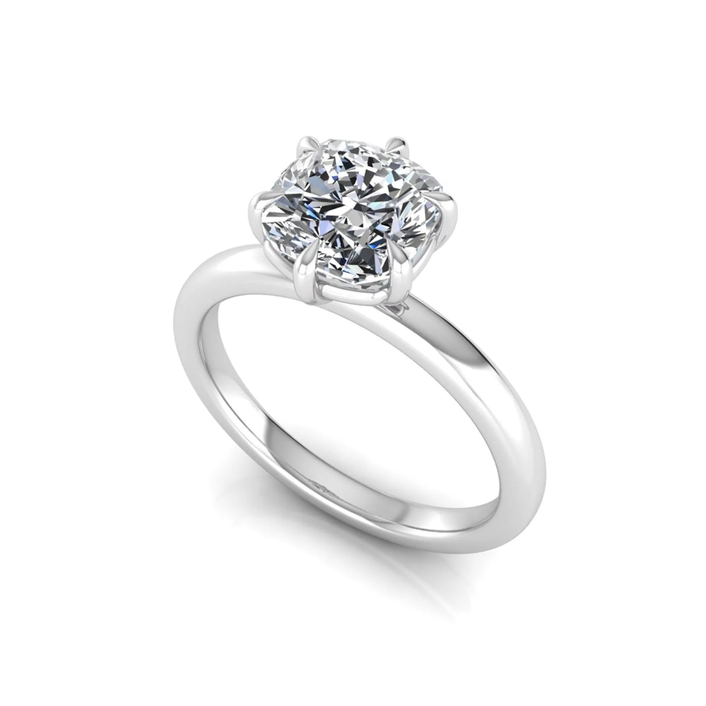 Cushion cut lab grown diamond engagement ring featuring a 1.28 carat IGI certified center diamond in a classic four-prong solitaire setting with a polished white gold band.