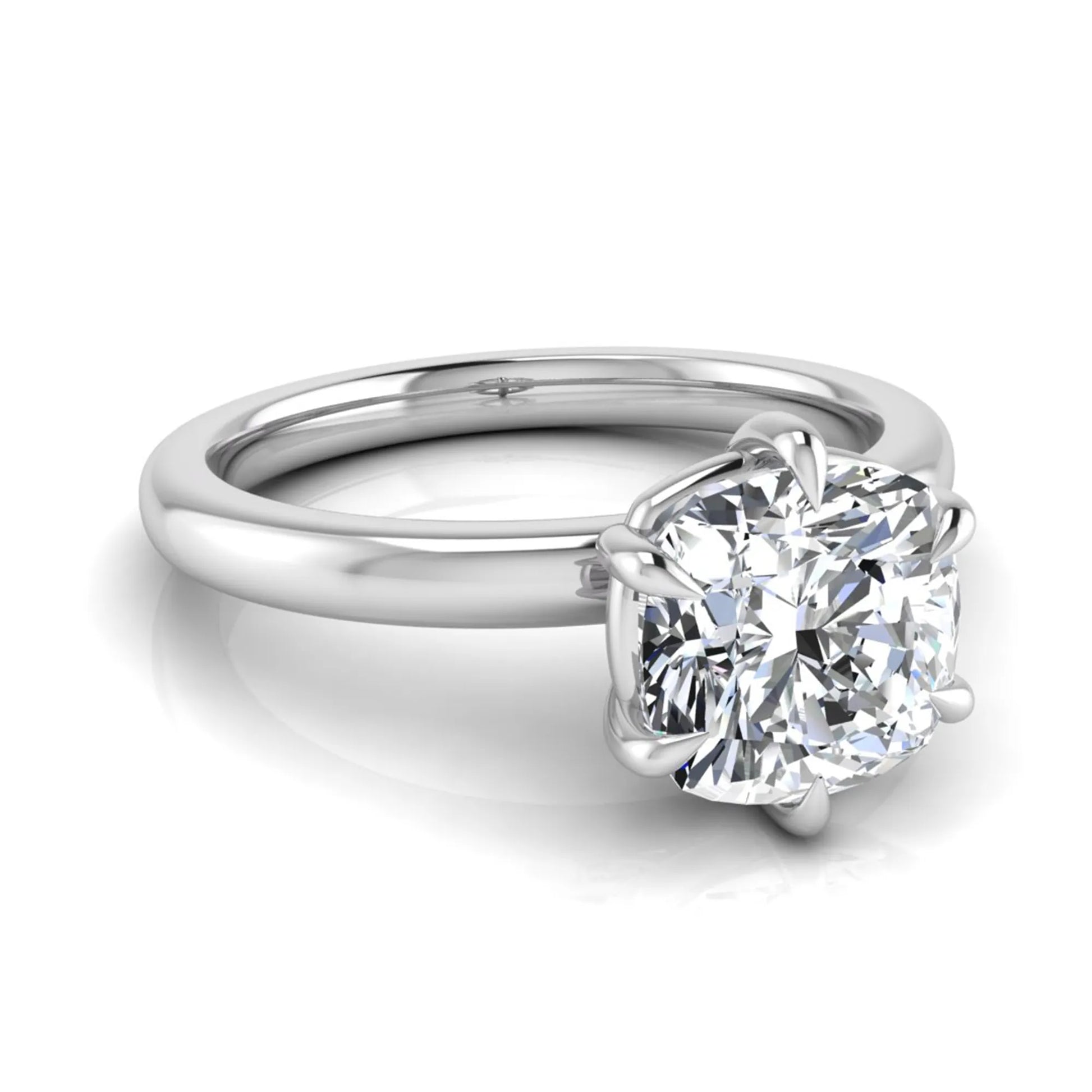 Cushion cut lab grown diamond engagement ring featuring a 1.28 carat IGI certified center diamond in a classic four-prong solitaire setting with a polished white gold band.