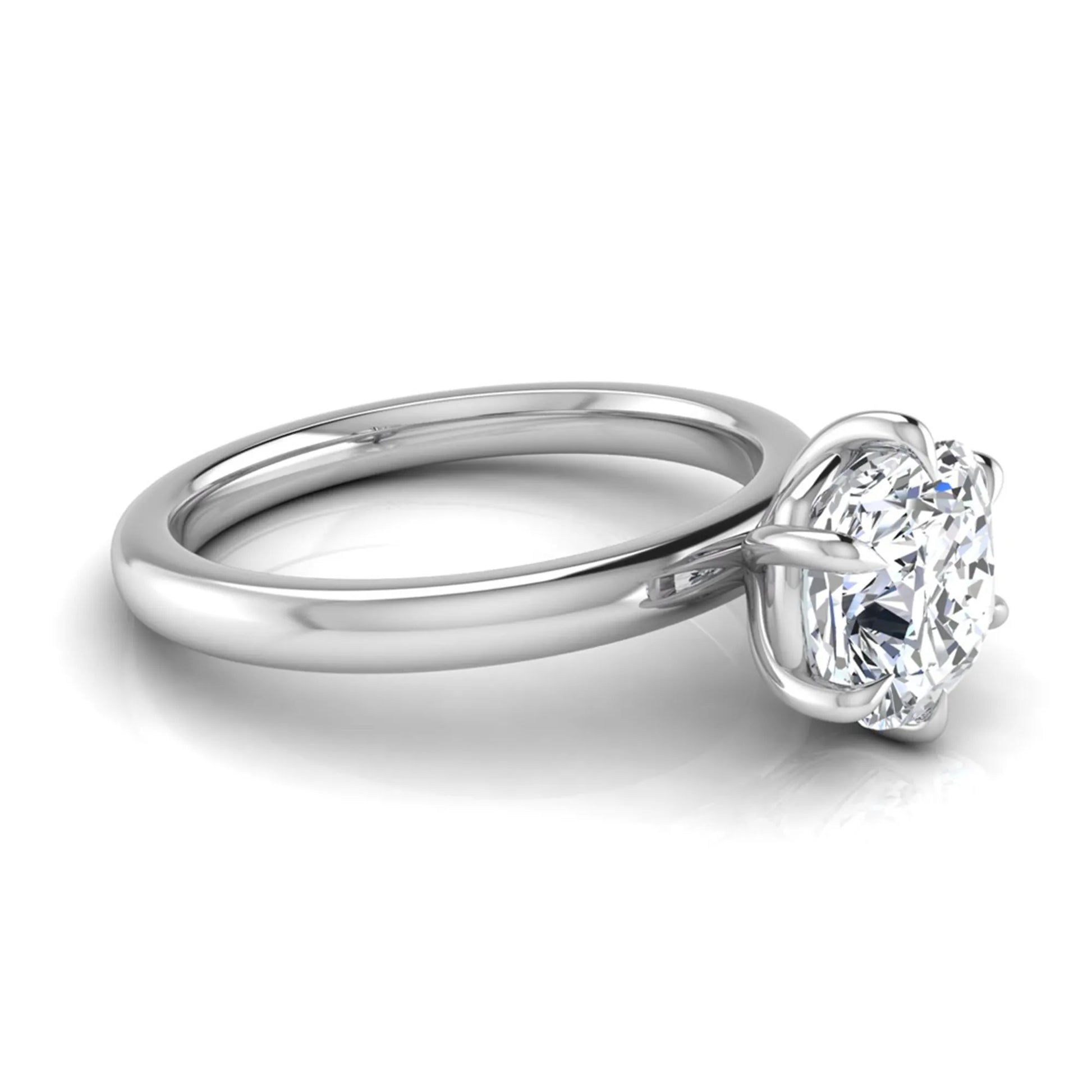 Cushion cut lab grown diamond engagement ring featuring a 1.28 carat IGI certified center diamond in a classic four-prong solitaire setting with a polished white gold band.