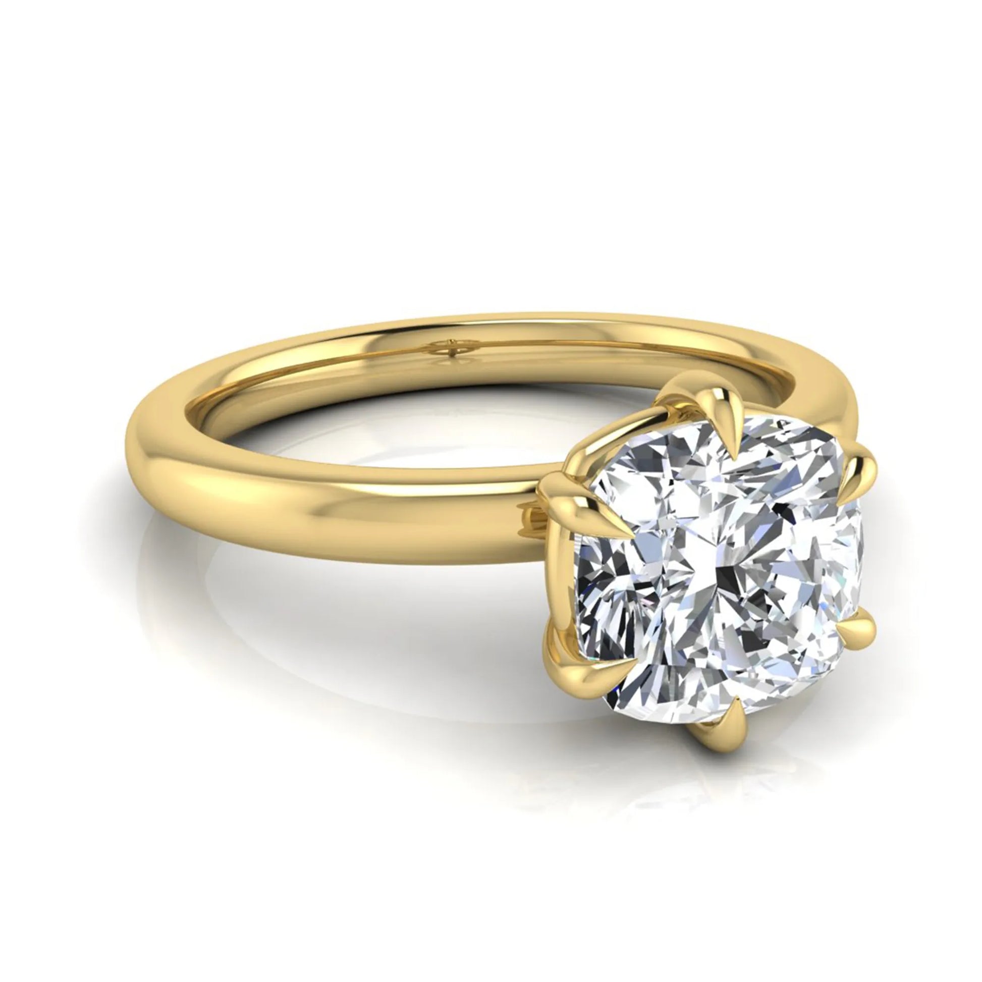 Cushion cut lab grown diamond engagement ring featuring a 1.28 carat IGI certified center diamond in a classic four-prong solitaire setting with a polished yellow gold band.
