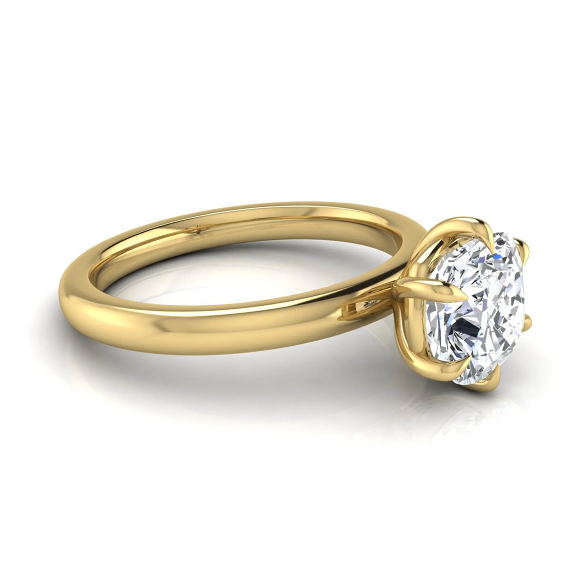 Cushion cut lab grown diamond engagement ring featuring a 1.28 carat IGI certified center diamond in a classic four-prong solitaire setting with a polished yellow gold band.