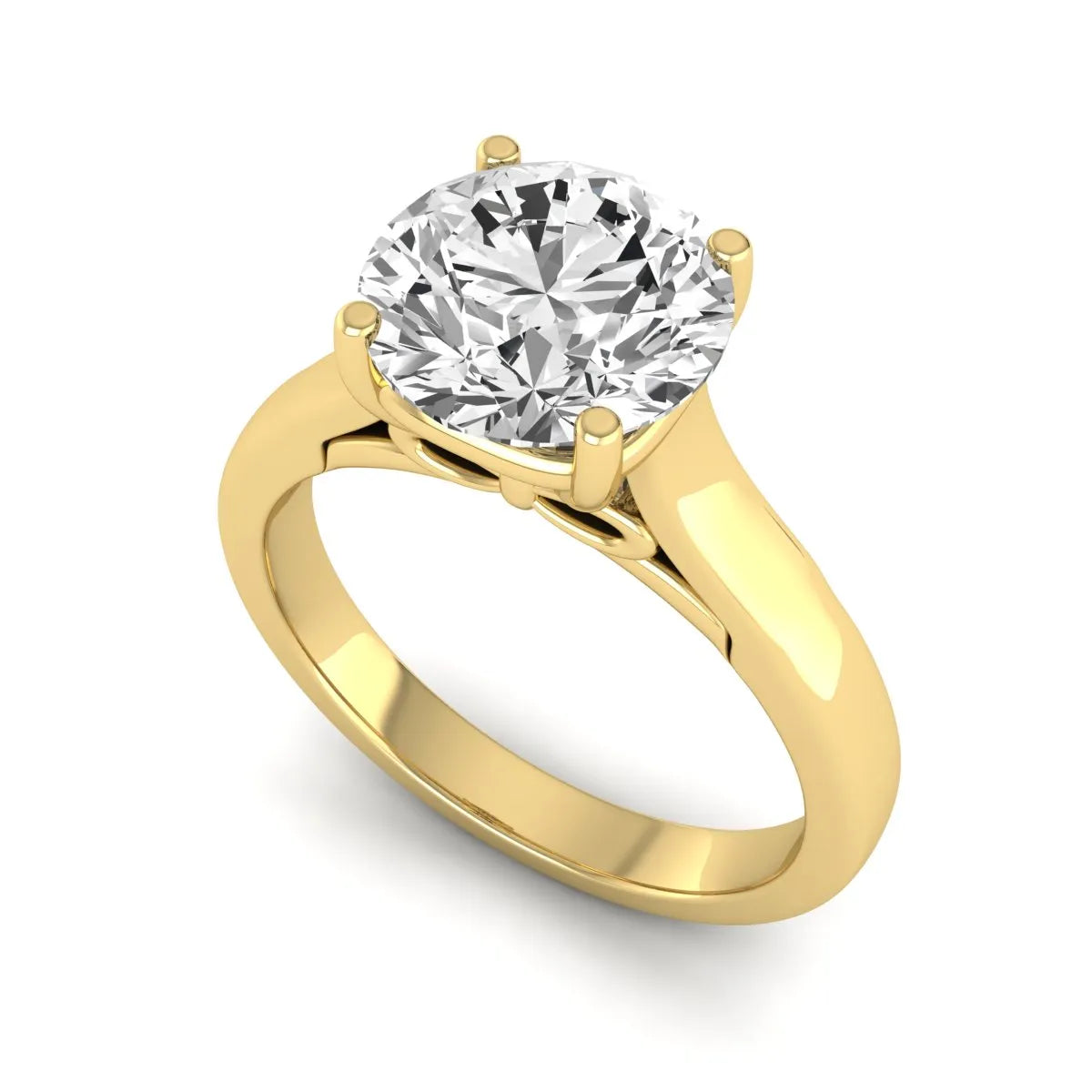 Cushion Solitaire Lab Grown Diamond Engagement Ring featuring a 7.50 mm cushion-cut center diamond in a four-prong cathedral solitaire setting in yellow gold
