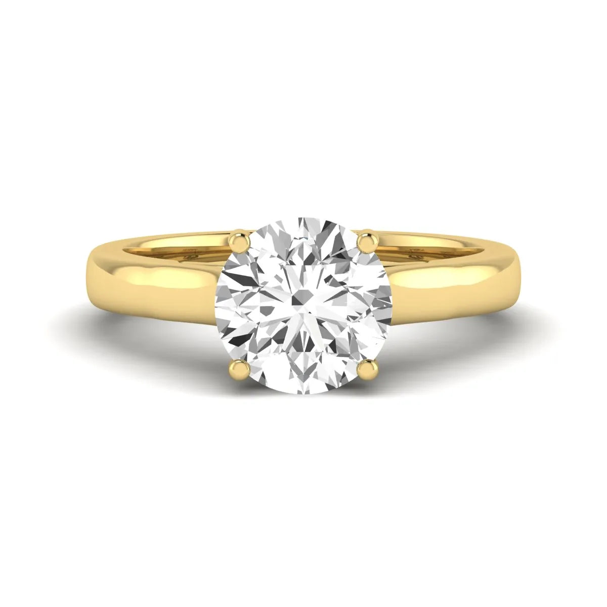 Cushion Solitaire Lab Grown Diamond Engagement Ring featuring a 7.50 mm cushion-cut center diamond in a four-prong cathedral solitaire setting in yellow gold