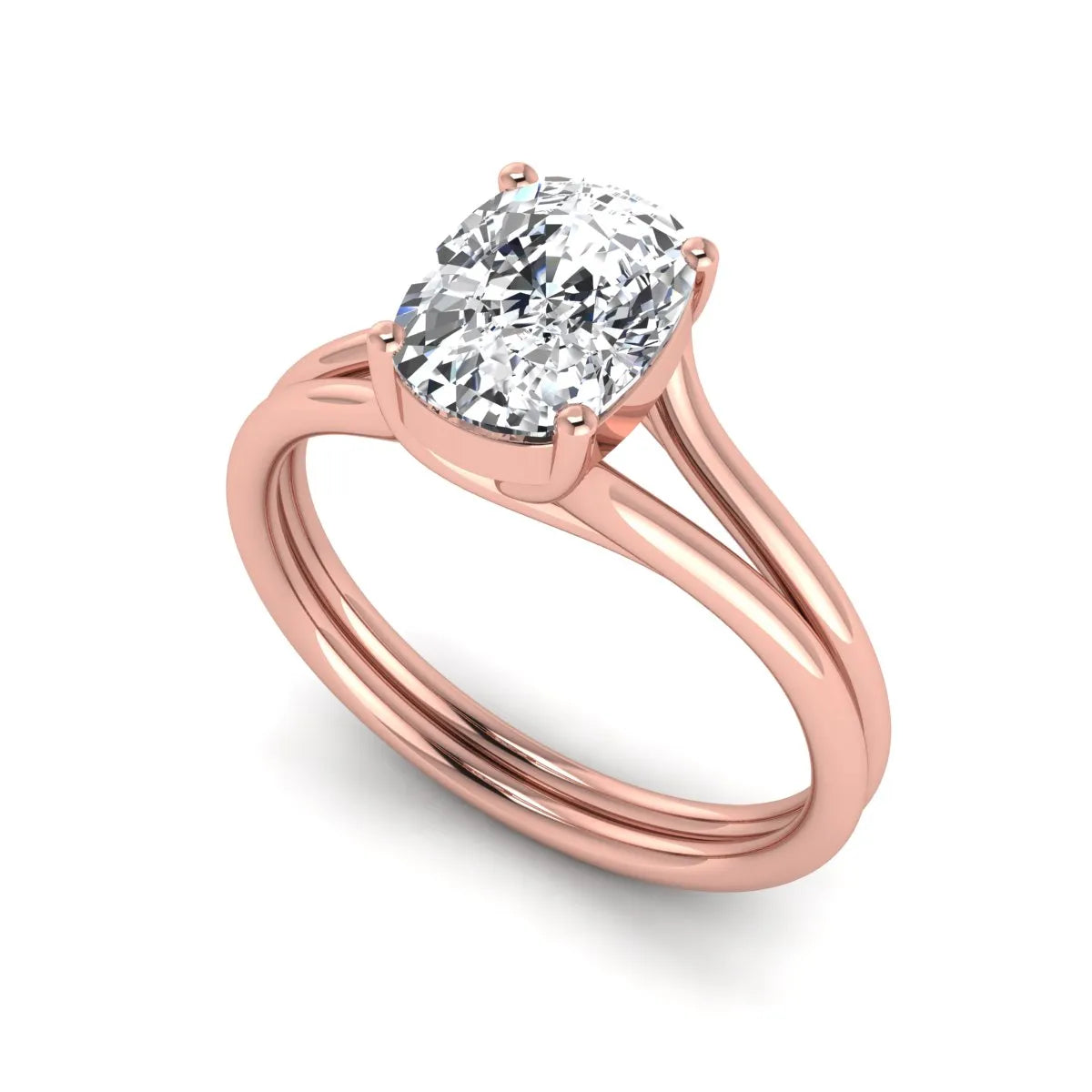 Cushion cut lab grown diamond solitaire engagement ring featuring a split shank band and four-prong setting in polished rose gold.