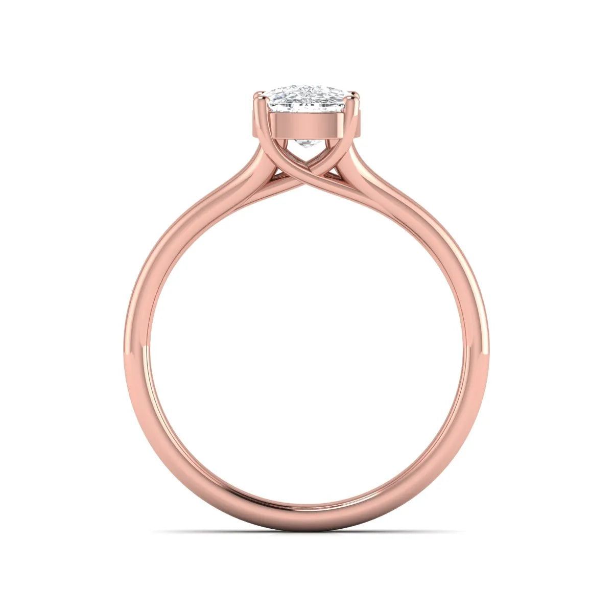 Cushion cut lab grown diamond solitaire engagement ring featuring a split shank band and four-prong setting in polished rose gold.