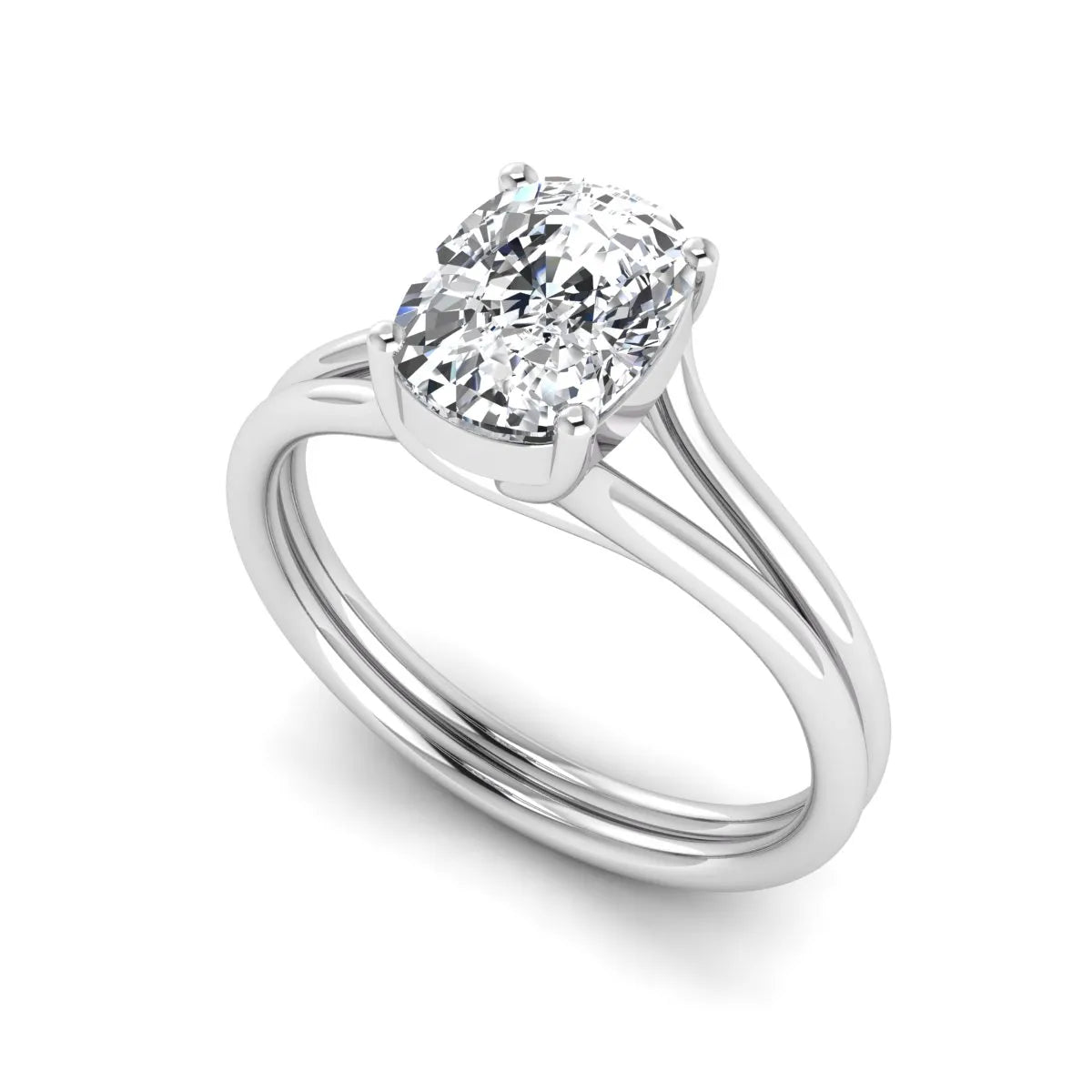 Cushion cut lab grown diamond solitaire engagement ring featuring a split shank band and four-prong setting in polished white gold.
