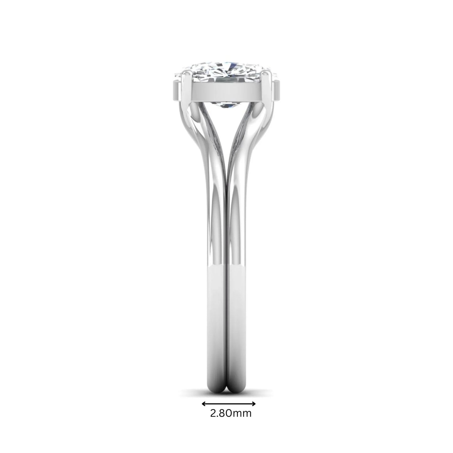 Cushion cut lab grown diamond solitaire engagement ring featuring a split shank band and four-prong setting in polished white gold.