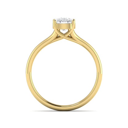 Cushion cut lab grown diamond solitaire engagement ring featuring a split shank band and four-prong setting in polished yellow gold.