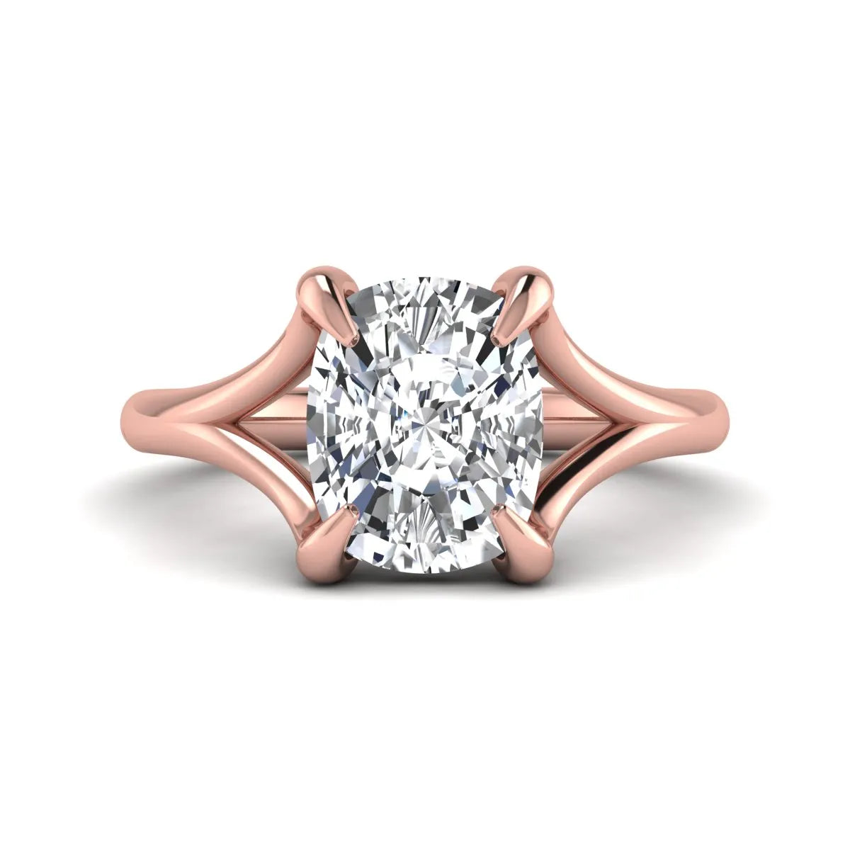 IGI Certified 2.97 carat cushion cut lab grown diamond split shank engagement ring with claw prong setting in rose gold.