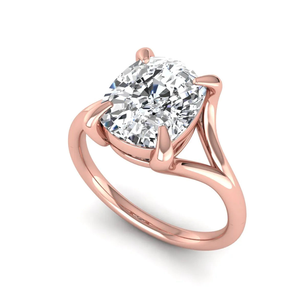IGI Certified 2.97 carat cushion cut lab grown diamond split shank engagement ring with claw prong setting in rose gold.
