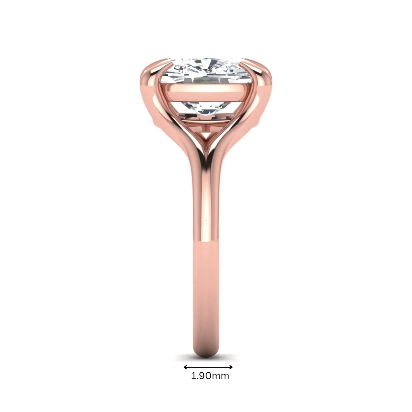 IGI Certified 2.97 carat cushion cut lab grown diamond split shank engagement ring with claw prong setting in rose gold.