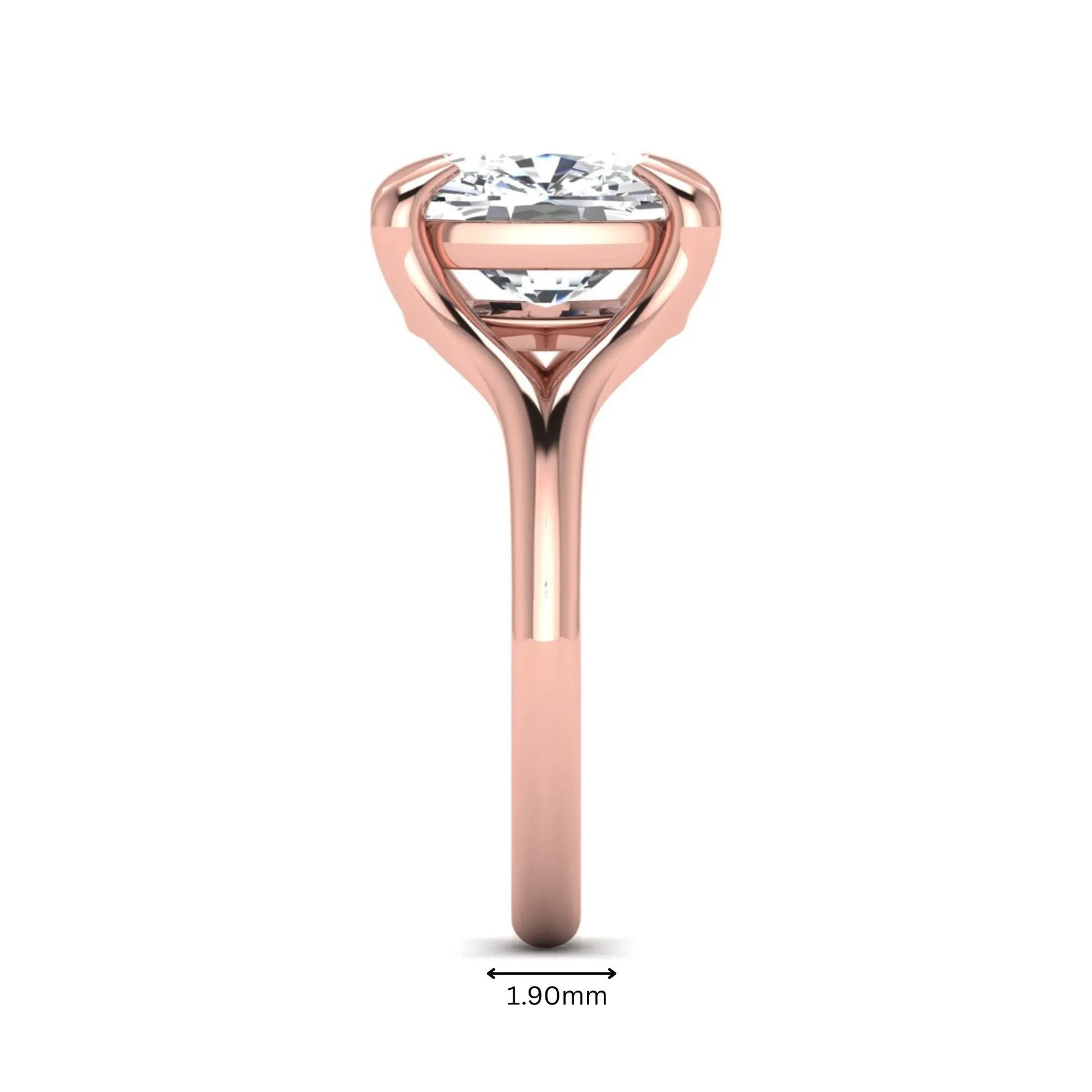 IGI Certified 2.97 carat cushion cut lab grown diamond split shank engagement ring with claw prong setting in rose gold.