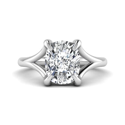 IGI Certified 2.97 carat cushion cut lab grown diamond split shank engagement ring with claw prong setting in white gold.
