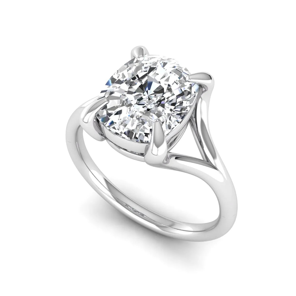 IGI Certified 2.97 carat cushion cut lab grown diamond split shank engagement ring with claw prong setting in white gold.